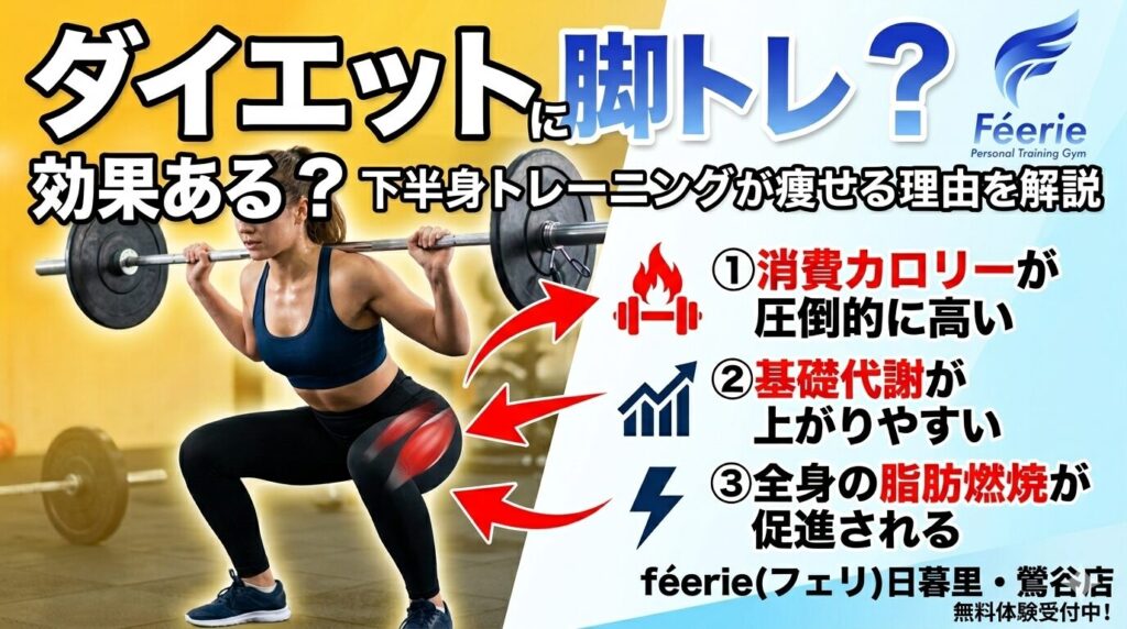 脚トレのダイエット効果を解説するサムネイル 日暮里のパーソナルジムでスクワットする女性